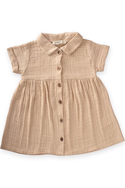 Cigit Baby Collar Robe Gathered Muslin Dress 1-7 Years Cream