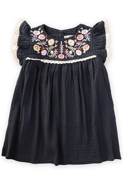 Cigit Φόρεμα μουσελίνας Anthracite 2-10 Years - Floral κέντημα και δαντέλα