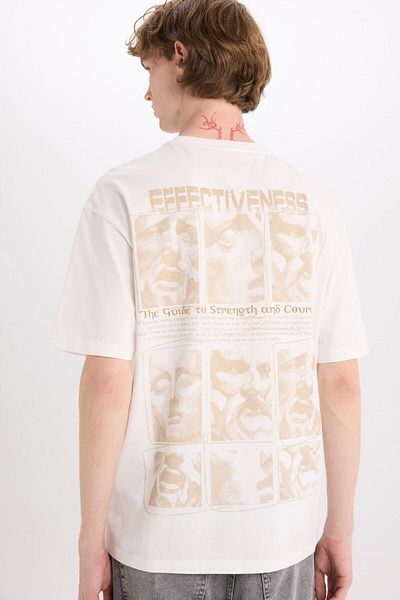 DeFacto 100% Cotton Boxy Fit Crew Neck Back Printed Short Sleeve T-Shirt E4538Ax25Sm