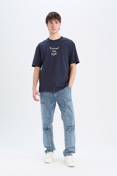 DeFacto 100% bavlna Van Gogh Oversize Wide Fit Crew Neck Back Potištěné tričko s krátkým rukávem C3629ax25sp