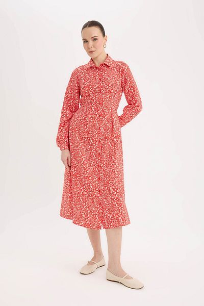 DeFacto Langärmliges Midikleid mit Hemdkragen-Print E5950AX25SP
