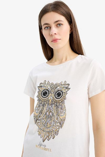 DeFacto Regular Fit Crew Neck Owl Patterned Combed Cotton Short Sleeve T-Shirt E5064Ax25Sp