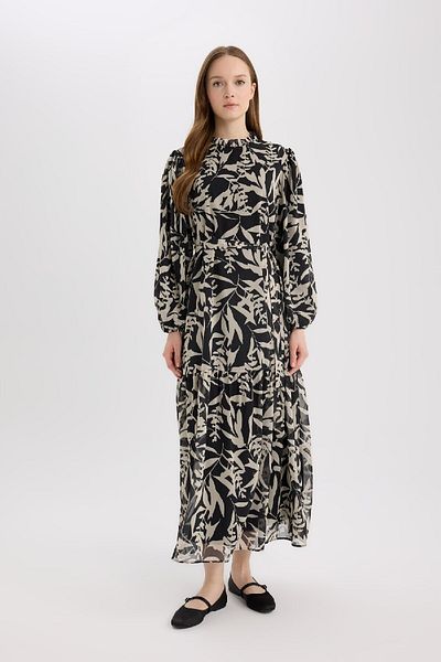 DeFacto Langärmliges Maxikleid aus Chiffon mit Rundhalsausschnitt und Muster E5453ax25sp