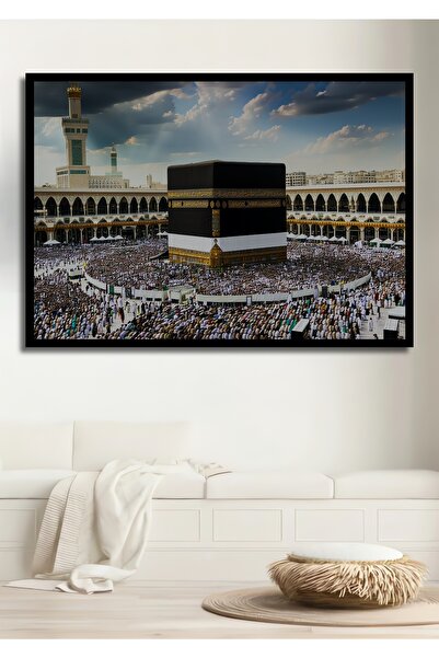 Teona Ahşap Çerçeve Görünümlü Kabe Manzaralı Yağlı Boya Görünümlü Dekoratif A...