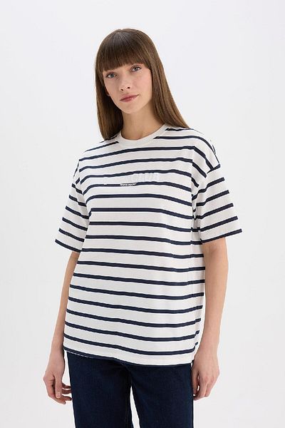 DeFacto Oversize Wide Fit Tričko Crew Výstřih Pruhované Počesané Bavlna Tričko Krátký Rukáv E5058Ax25Sp