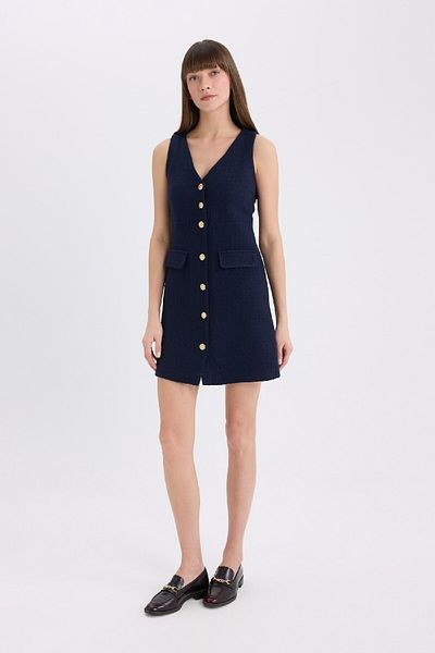 DeFacto Ärmelloses Midikleid mit V-Ausschnitt und Knopfdetail C1792AX25SP