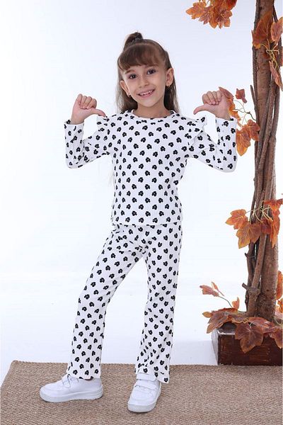 yagmurgiyim Pjk2I - Daisy Patterned Girls' Set, Ecru Corded 2 Strings, 100% Cotton, 3-10 Years 7207-E