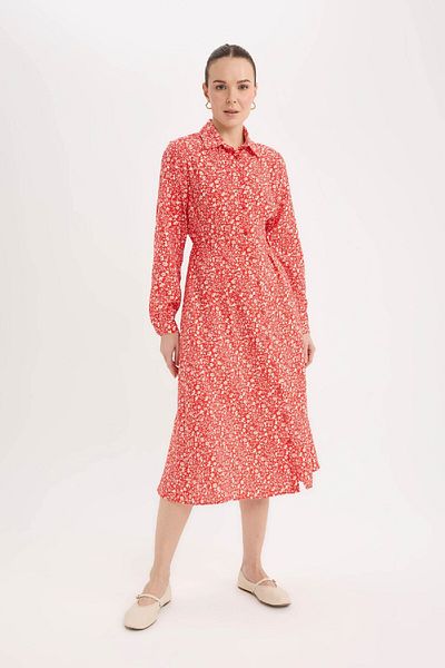 DeFacto Langärmliges Midikleid mit Hemdkragen-Print E5950AX25SP