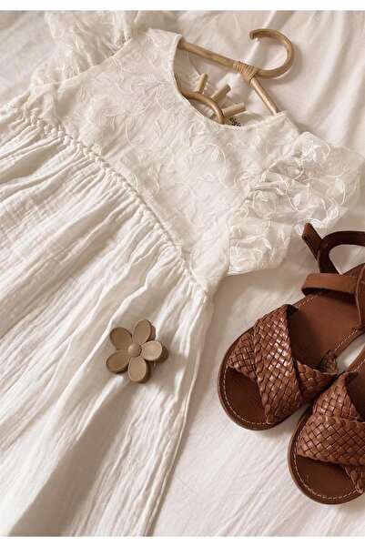 Cigit Μοτίβο φύλλων Τούλι γαρνιρισμένο φόρεμα μουσελίνας 2-8 ετών Εκρού