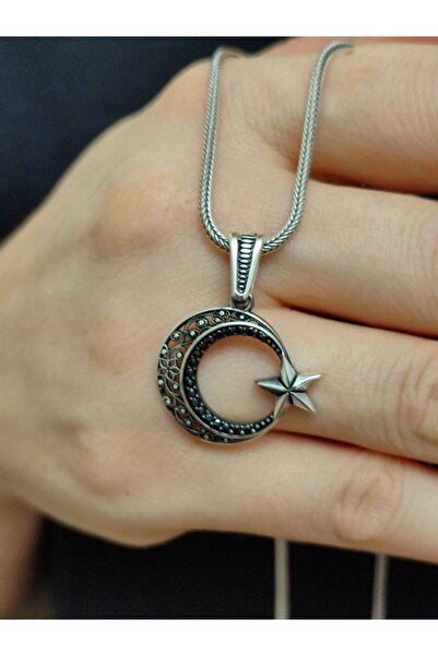 Moda Gümüş 925 Ayar Gümüş Ay Yıldızlı Erkek Kolye Ucu, Ayyıldız Kolye Ucu