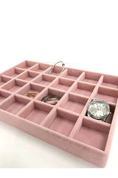 MeGass Dekor Σουέντ Ύφασμα Ροζ Χρώμα 34 cm / 24 cm Βάση κοσμημάτων με 24 θήκες στο συρτάρι