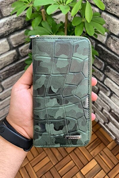 DERİJE محفظة رجالية من الجلد الطبيعي باللون الأخضر المموه بسحاب (T362)