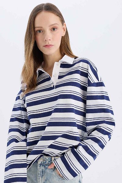 DeFacto Μακρυμάνικο μπλουζάκι Coool Loose Fit Polo γιακά με ριγέ E4920ax