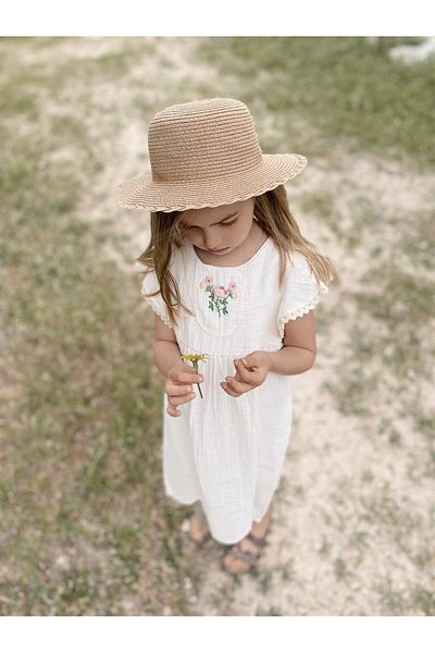 Cigit Robe Embroidered Lace Detailed Bohemian Muslin Dress 2-8 Years Ecru