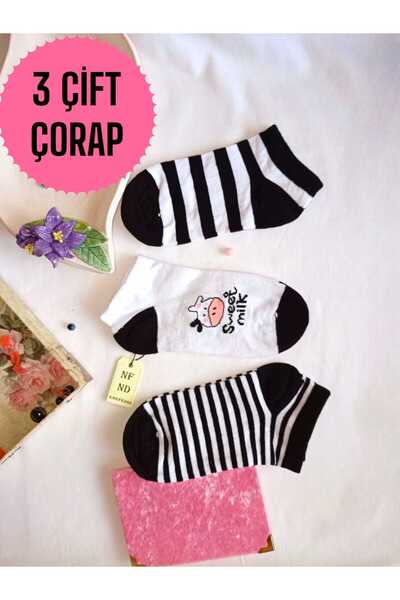 ENEFENDİ 3 чифта дамски чорапи, без шев, памук, къси до глезена, с шарки, 36-40, черно-бели