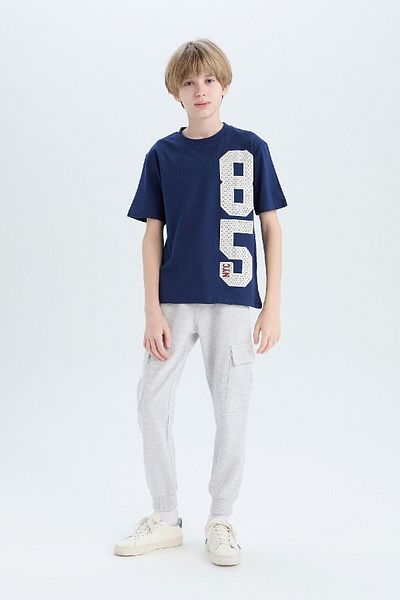 DeFacto Men's and Children's 2-Piece Set Crew Neck Printed Short Sleeve T-Shirt Elastic Waist Sweatpants