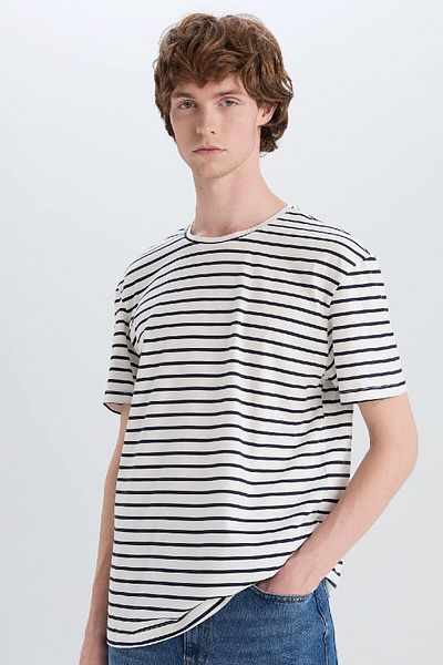 DeFacto 100% bavlna Regular Fit Tričko s krátkým rukávem s proužkovaným výstřihem E5180ax25sm