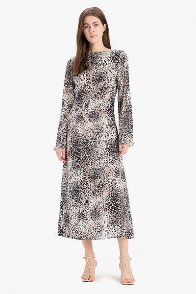 DeFacto Marokkanisches Langarm-Midikleid mit A-Linie und U-Boot-Ausschnitt und Leopardenmuster E5793ax25sp