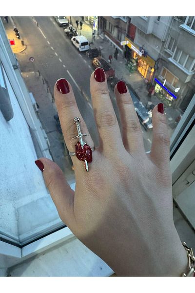 Herşey Nota Sword Heart Gothic Red Colorful Adjustable Women Ring