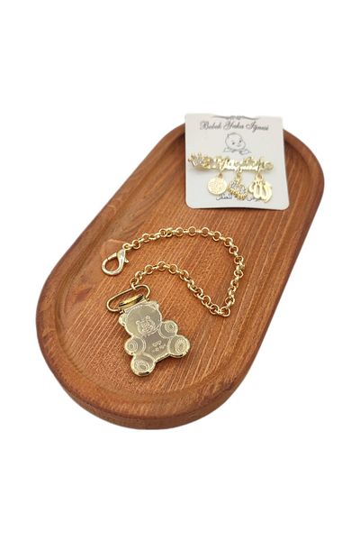 Sahi Aksesuar Gold Bear Clip Baby Pacifier Chain and Baby Collar Pin Set - Pacifier Strap Bezyi1701