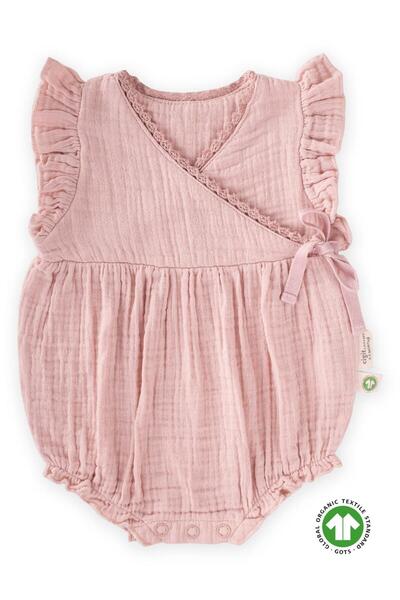 Cigit Organic Muslin Lace Λεπτομερές κορμάκι 0-2 ετών σε σκόνη ροζ