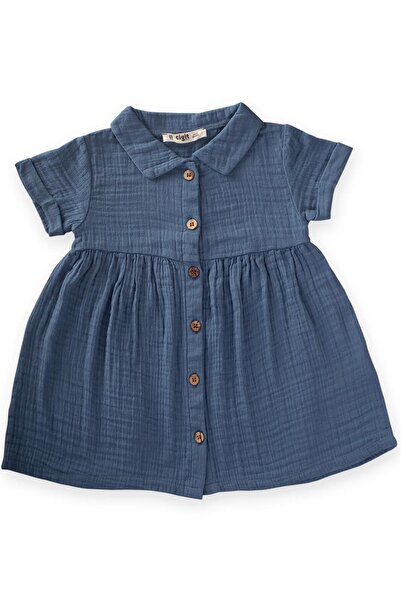Cigit فستان موسلين بياقة أطفال من 1 إلى 7 سنوات باللون الأزرق النيلي