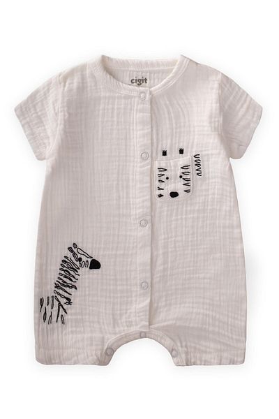 Cigit Salopeta pantaloni scurti din muselina brodata cu zebra 0-3 ani Ecru