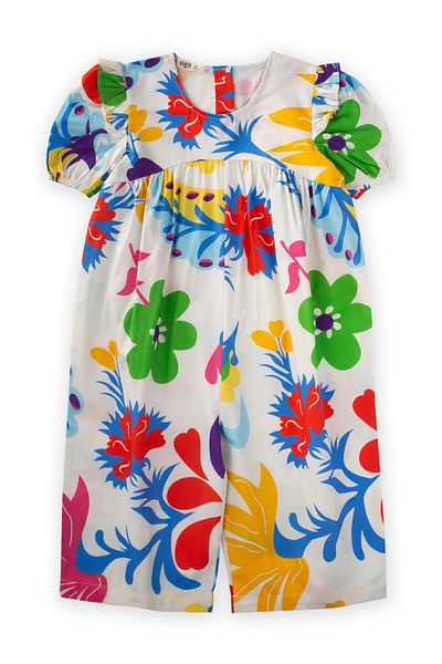 Cigit Ecru Patterned Poplin Jumpsuit for 2-7 Years