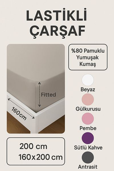 OGİ HOME Ogi Home 160X200 cm Double Fitted Sheet – Cotton – Dusty Rose, Gray, White, Anthracite Etc.