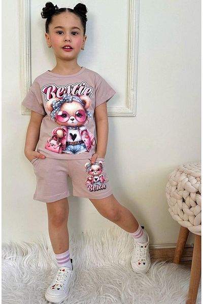 Yağmur Giyim Pjkskt Girls' Short Sleeve Suit with Fancy Teddy Bear Pattern Beige Shorts 7573-B