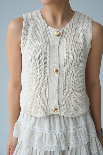 LOOSH Women's Ecru Crew Neck Gold Button Knitted Vest