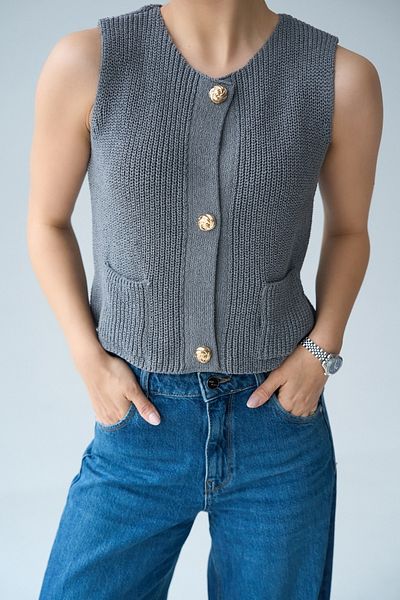 LOOSH Women's Gray Crew Neck Gold Button Knitted Vest