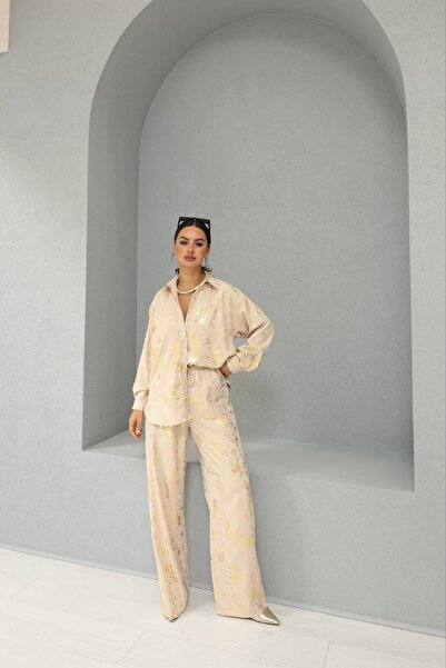 DENİZ BASIC قميص لامع مطبوع باللون البيج