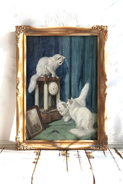 AKSU SANAT Kediler ve Zaman Vintage Kanvas Poster - Çerçevesiz Kanvas Poster - Yağlı Boya Poster 1PSTR77