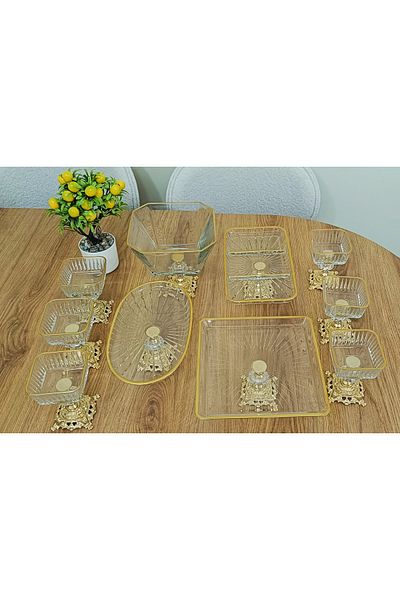 Elta Collection 10 Pieces Gold Metal Footed Cake - Salad - Dessert - Bowl and Service Presentation Set