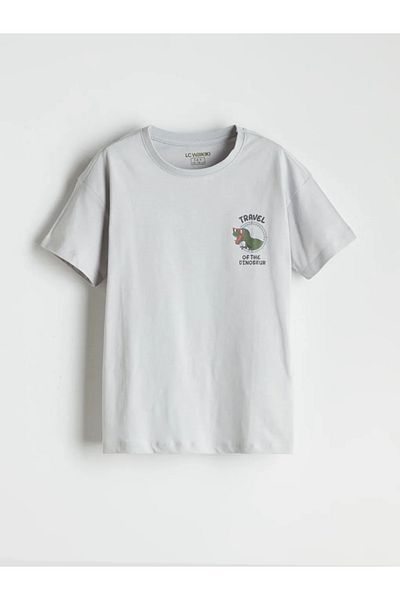 LC Waikiki LCW Kids Gri Crewneck Dinozaur Imprimat Băieți Set de pijamale cu pantaloni scurți