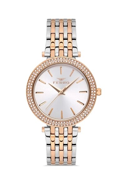 FERRO ساعة يد نسائية بسلك فولاذي وردي وفضي FL21449A-E