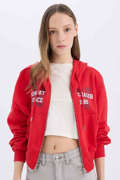 DeFacto Cool Oversize Wide Fit Hooded Printed Thick Zippered Sweat Cardigan E5463Ax25Sm