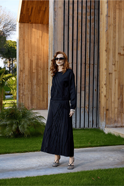 MissWhence Linen Blouse Skirt Set Black 37312