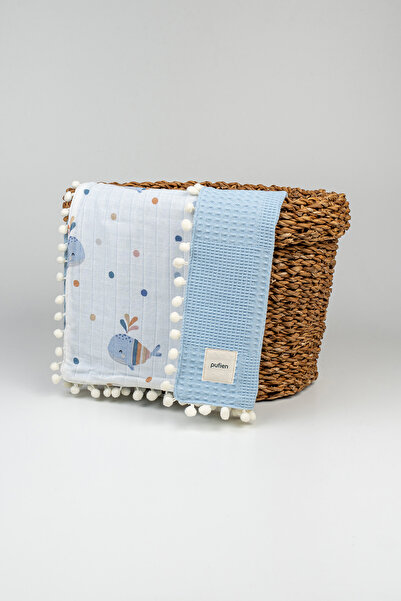 pufien بطانية أطفال من الموسلين ذات وجهين مقاس 90 × 90 مع بوم بوم، بطانية وبطانية من الموسلين متعددة الأغراض