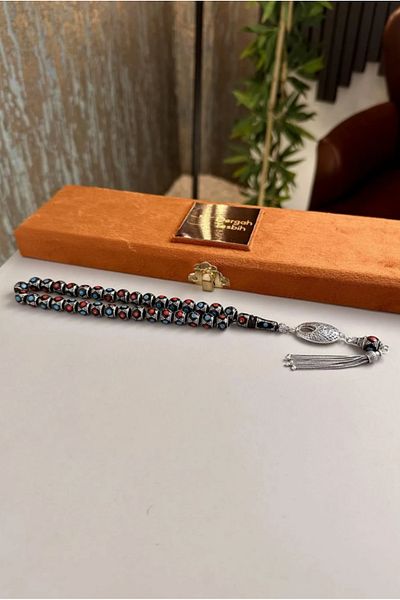 dergah tesbih Turquoise Coral Embroidered Silver Tassel Stone Rosary