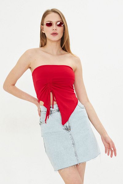 ALLEYTA Women's Sandy Asymmetrical Gathered Strapless Blouse
