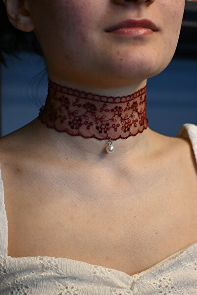 SHİNELİZE Bordo dantel kolye, inci uçlu tasarım dantel kolye, victorian tasarım