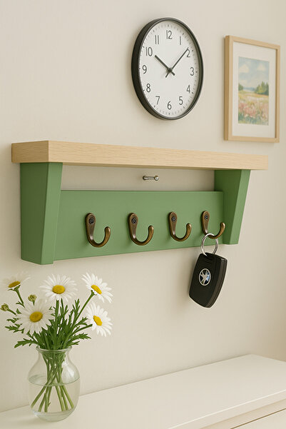 Efem Dekor Duvar Tipi Raflı Anahtarlık – Doğal Ahşap & Filli Boya Kaktüs Yeşili