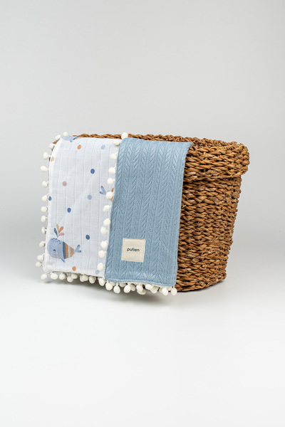 pufien بطانية أطفال من الموسلين منقوشة مقاس 90 × 90 مع بوم بوم، بطانية وبطاني...