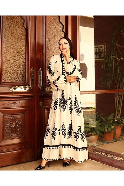 SUFFLE WEAR Beige - Premium Viscose Fabric V-Neck Ethnic Patterned Bat Sleeve Dress
