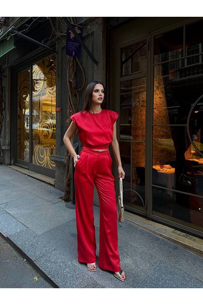 MODA Strivex Satin Pants and Crop Blouse Set