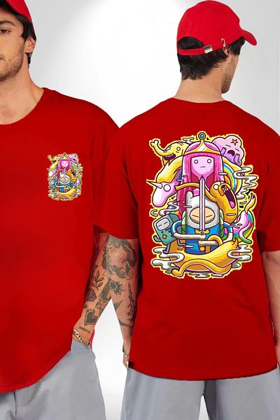 Soufeel Adventure Time Finn and Jack Women Men Front Minimal Back Printed Red Cotton T-Shirt