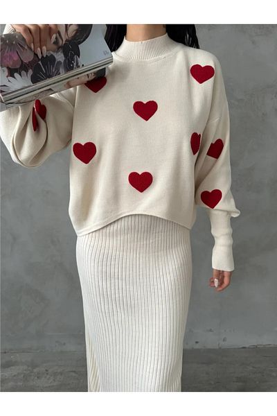 K-ODEA BUTİK Heart Patterned Women's Knitwear Suit Gilet Dress