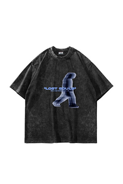 Bravebell Tricou oversize unisex negru lavabil cu imprimeu Lost Souls
